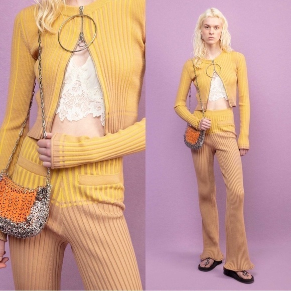 Paco Rabanne Knit Bi-color Tan Yellow Flare Ribbed Knit Pants Large